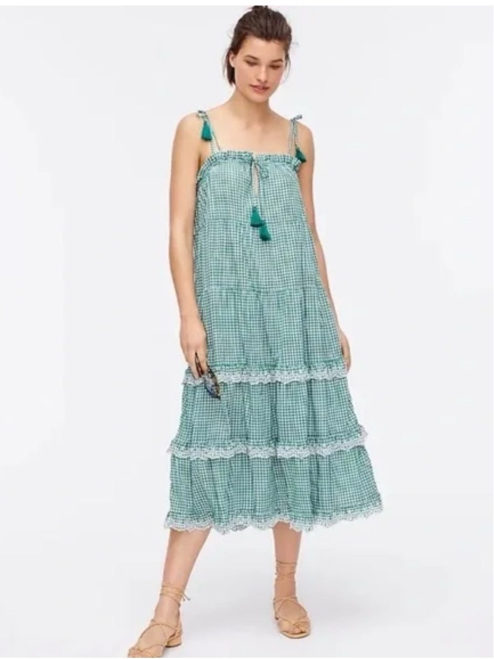 J. Crew Green Gingham Tiered Midi Dress with Tassel Straps Beach Cover Up XS